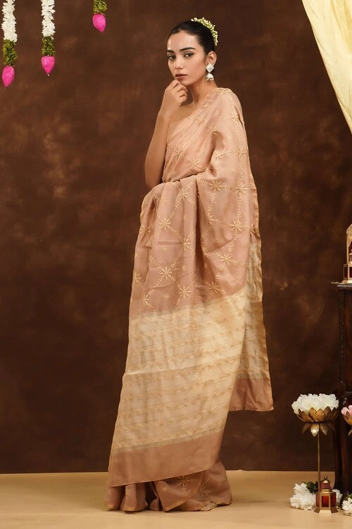 Shwet Women Hand Embroidered Chikankari Beige Chanderi Saree