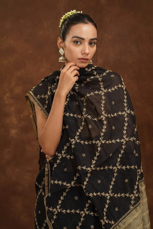 Shwet Women Hand Embroidered Chikankari Black Chanderi Saree