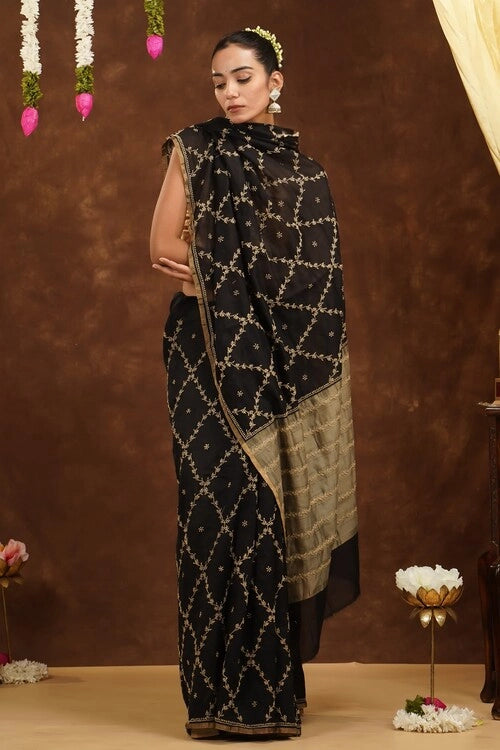 Shwet Women Hand Embroidered Chikankari Black Chanderi Saree