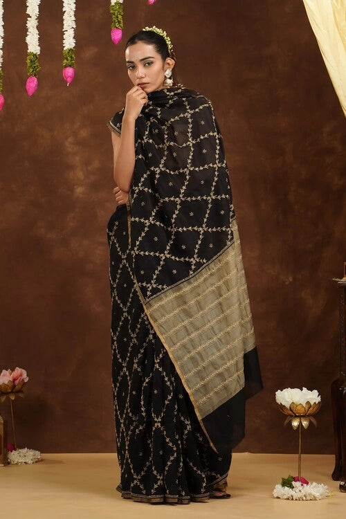 Shwet Women Hand Embroidered Chikankari Black Chanderi Saree