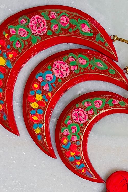 TICH Kashmiri Art Xmas Decorations - Set Of 6 (3 Moons, 3 Santa)