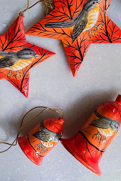 TICH Kashmiri Art Xmas Decorations - Set Of 6 (3 Stars, 1 Bauble, 2 Bells)