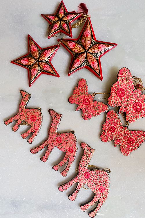 TICH Kashmiri Art Xmas Decorations - Set Of 9 (3 Stars, 3 Butterflies, 3 Camels)
