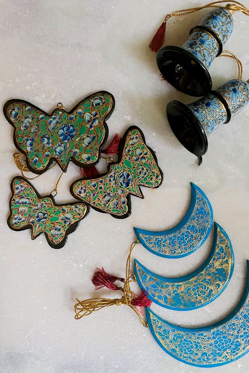 TICH Kashmiri Art Xmas Decorations - Set Of 8 (3 Moons, 3 Butterflies, 2 Bells)