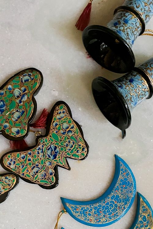 TICH Kashmiri Art Xmas Decorations - Set Of 8 (3 Moons, 3 Butterflies, 2 Bells)