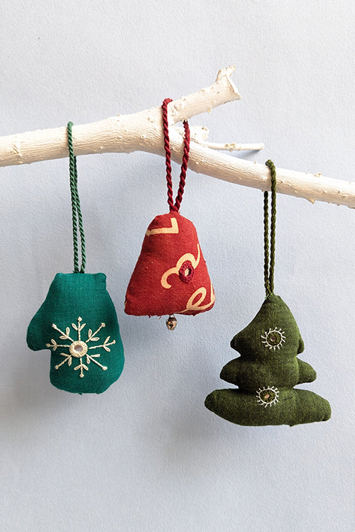Okhai “Mistletoe” Set of 3 Hand-Embroidered and Mirror work Pure Christmas Ornaments