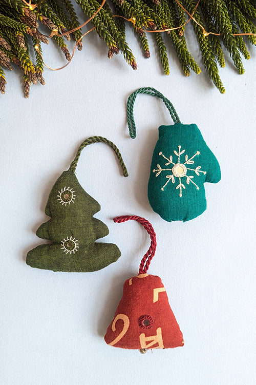 Okhai “Mistletoe” Set of 3 Hand-Embroidered and Mirror work Pure Christmas Ornaments