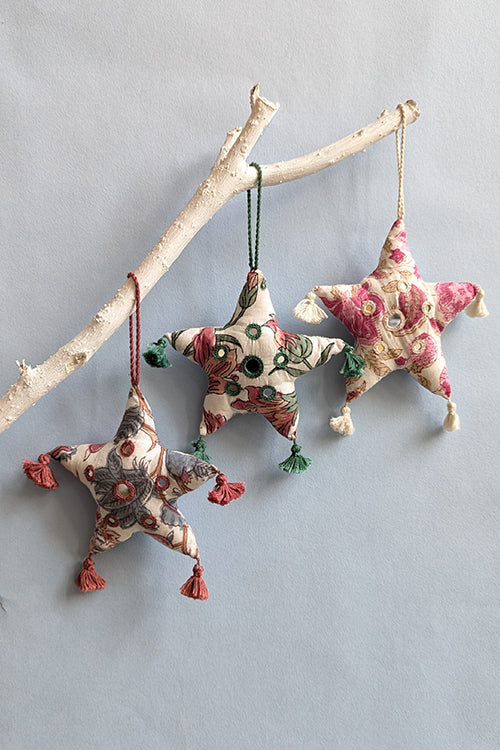 Okhai “Sage Star” Set of 3 Hand-Embroidered and Mirror work Christmas Ornaments