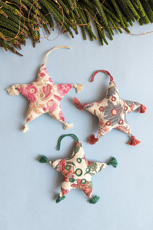 Okhai “Sage Star” Set of 3 Hand-Embroidered and Mirror work Christmas Ornaments