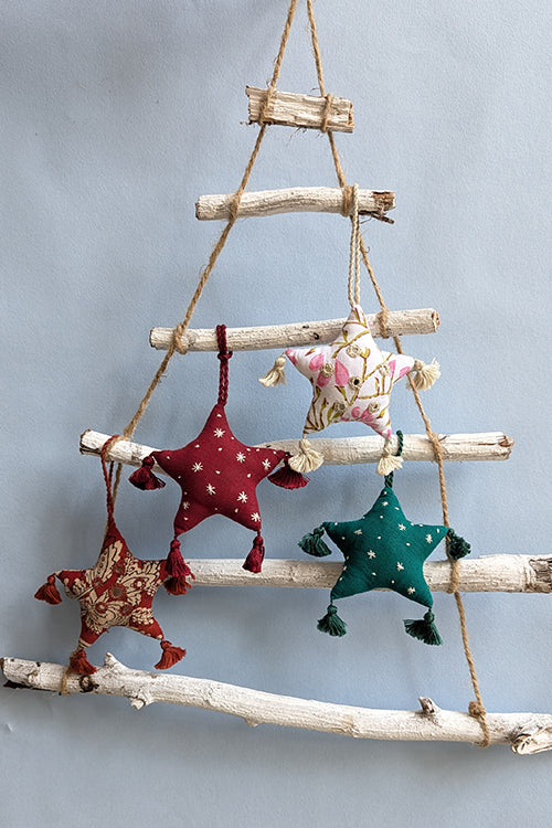 Okhai “Felize” Set of 4 Hand-Embroidered and Mirror work Pure Christmas Ornaments