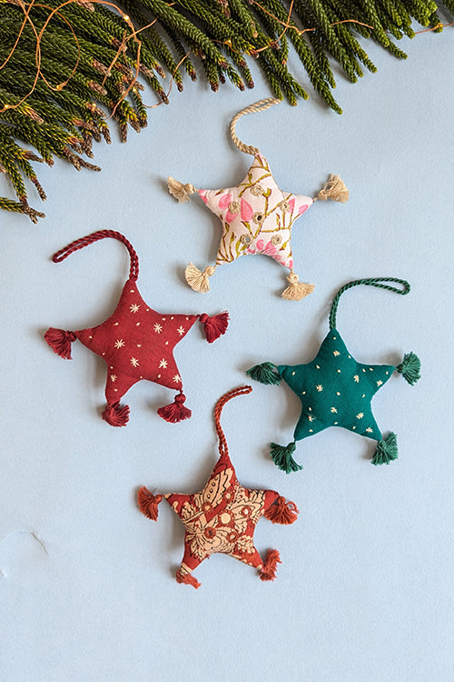 Okhai “Felize” Set of 4 Hand-Embroidered and Mirror work Pure Christmas Ornaments