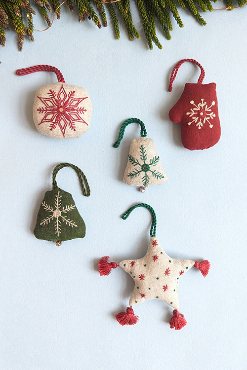Okhai “Gingerbread” Set of 5 Hand-Embroidered and Mirror workChristmas Ornaments