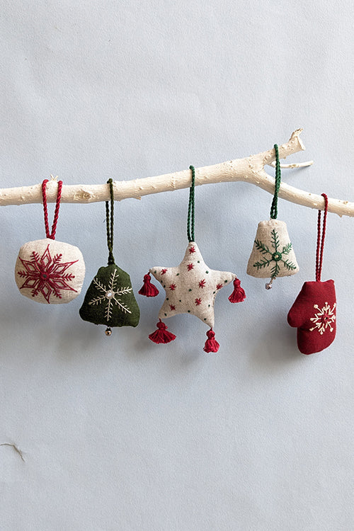 Okhai “Gingerbread” Set of 5 Hand-Embroidered and Mirror workChristmas Ornaments