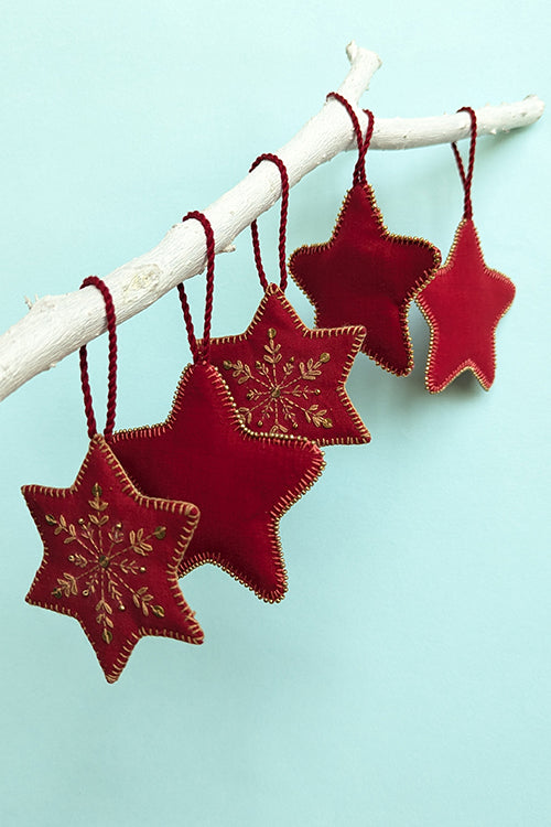 Okhai “Merry” Set of 5 Hand-Embroidered Star-Shaped Christmas Ornaments