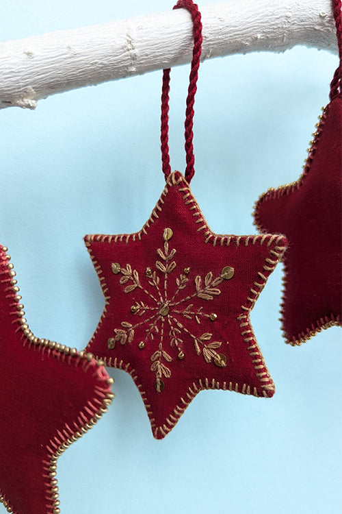 Okhai “Merry” Set of 5 Hand-Embroidered Star-Shaped Christmas Ornaments