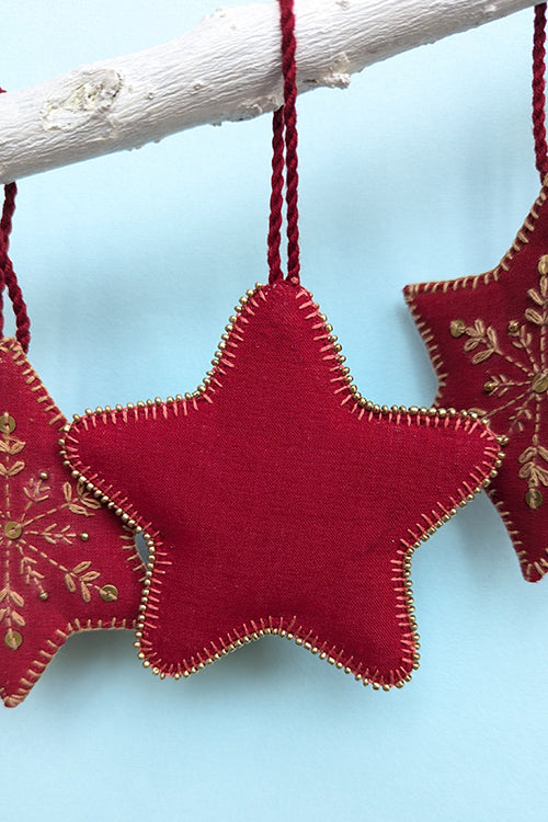 Okhai “Merry” Set of 5 Hand-Embroidered Star-Shaped Christmas Ornaments