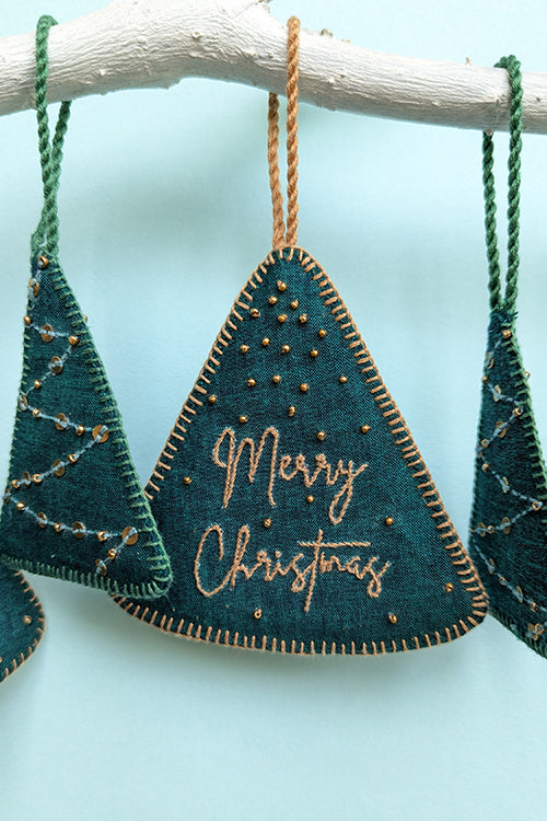 Okhai “Gracious” Set of 5 Hand-Embroidered and Mirror work Tree-Shaped Christmas Ornaments