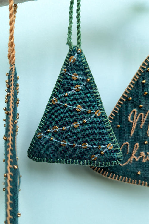 Okhai “Gracious” Set of 5 Hand-Embroidered and Mirror work Tree-Shaped Christmas Ornaments