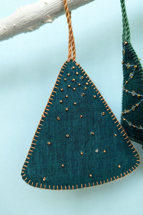 Okhai “Gracious” Set of 5 Hand-Embroidered and Mirror work Tree-Shaped Christmas Ornaments