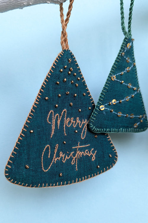 Okhai “Gracious” Set of 5 Hand-Embroidered and Mirror work Tree-Shaped Christmas Ornaments