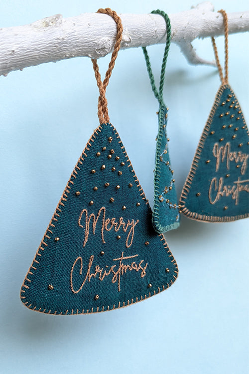 Okhai “Gracious” Set of 5 Hand-Embroidered and Mirror work Tree-Shaped Christmas Ornaments