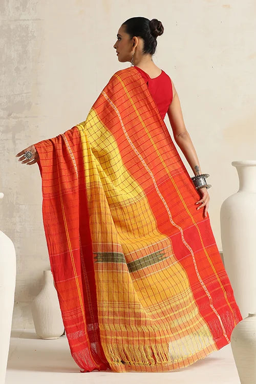 Punarjeevana Yellow Body  Broad Check Red  Border Reversible Chettinad Saree