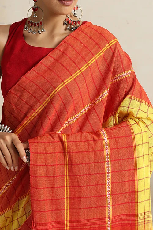 Punarjeevana Yellow Body  Broad Check Red  Border Reversible Chettinad Saree