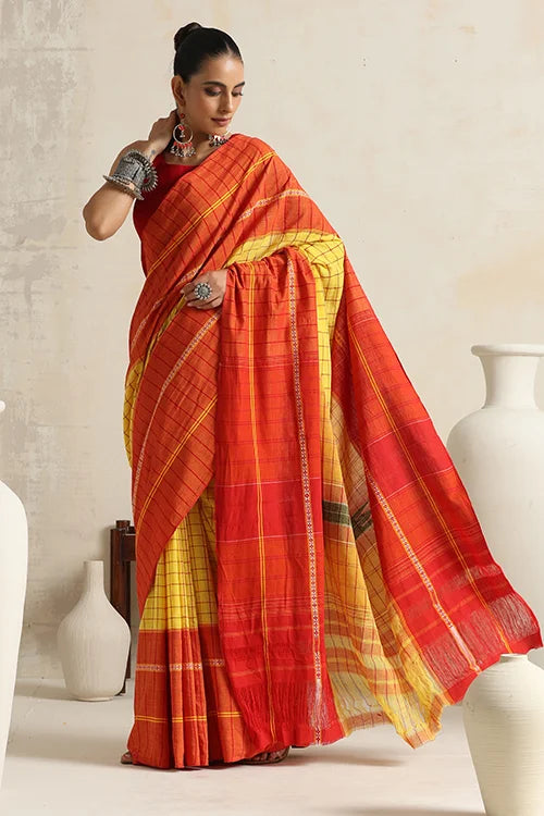 Punarjeevana Yellow Body  Broad Check Red  Border Reversible Chettinad Saree
