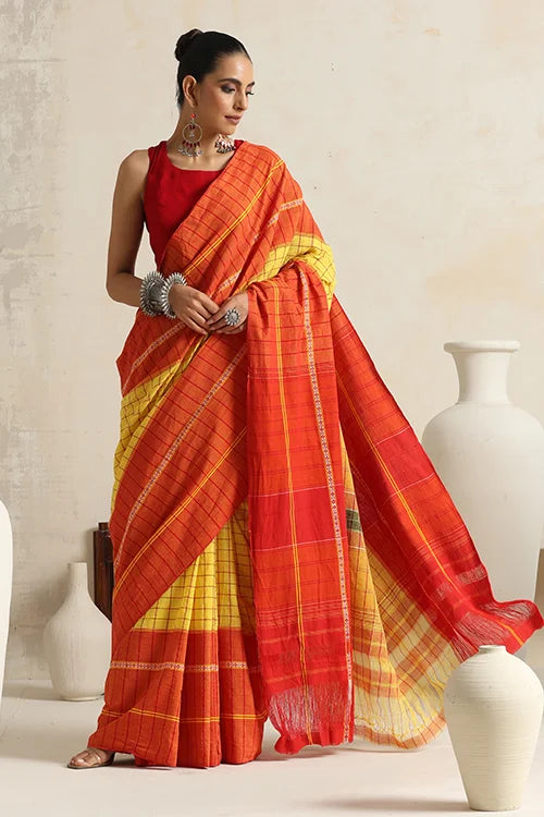 Punarjeevana Yellow Body  Broad Check Red  Border Reversible Chettinad Saree