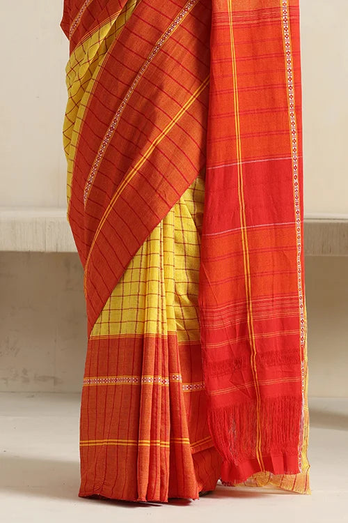 Punarjeevana Yellow Body  Broad Check Red  Border Reversible Chettinad Saree