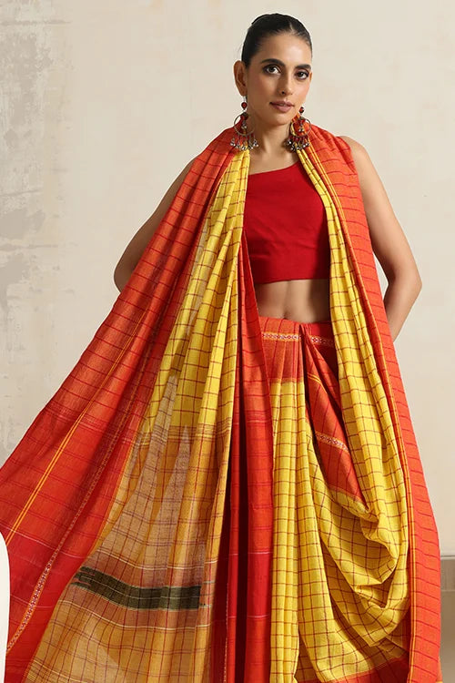 Punarjeevana Yellow Body  Broad Check Red  Border Reversible Chettinad Saree