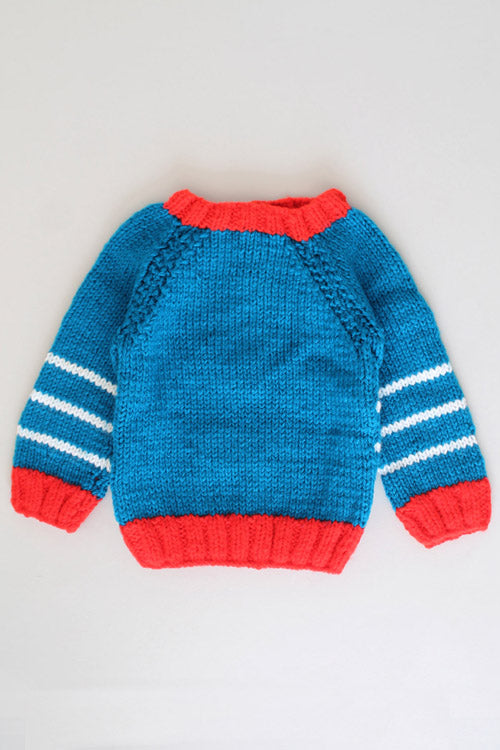 Striped wool intarsia shop sweater with appliqués