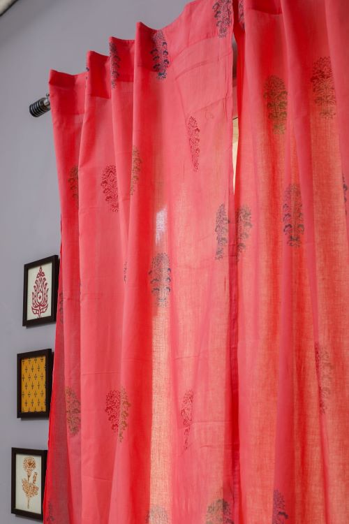 Sooti Syahi Climbing Orange Hand Block Printed Door Curtain