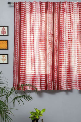 Artistic Red Illusions Hand Block Printed Window Curtain