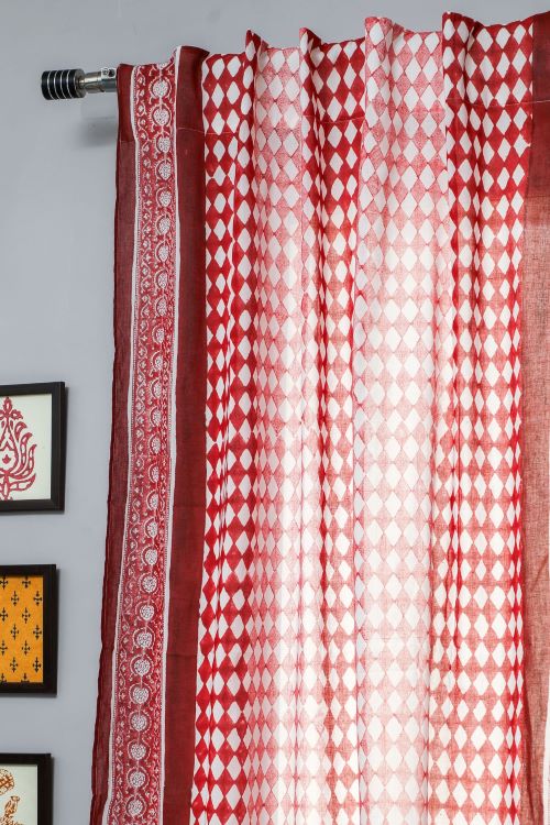 Artistic Red Illusions Hand Block Printed Window Curtain
