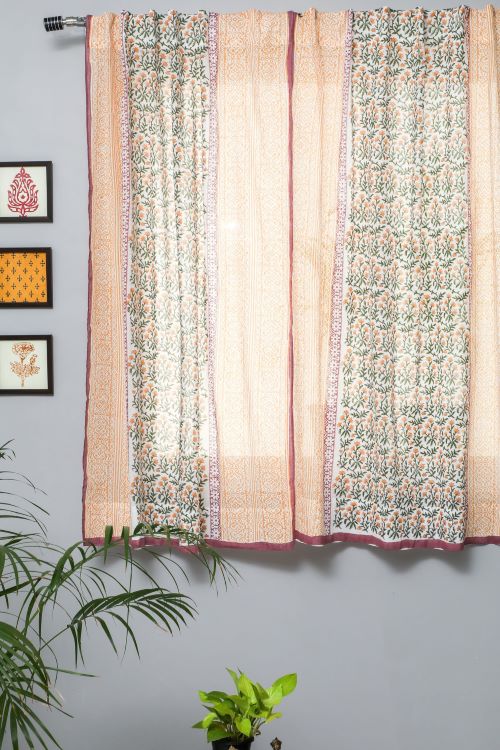 Sooti Syahi Fairyland Yellow Hand Block Printed Window Curtain