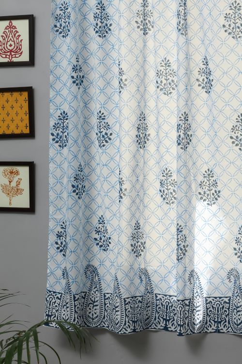 Sooti Syahi Cabbean Blue Hand Block Printed Window Curtain