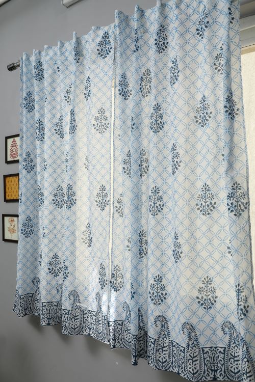 Cabbean Blue Hand Block Printed Window Curtain
