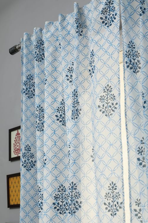 Cabbean Blue Hand Block Printed Window Curtain