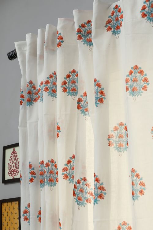 Sooti Syahi Saffron Daisy Hand Block Printed Window Curtain
