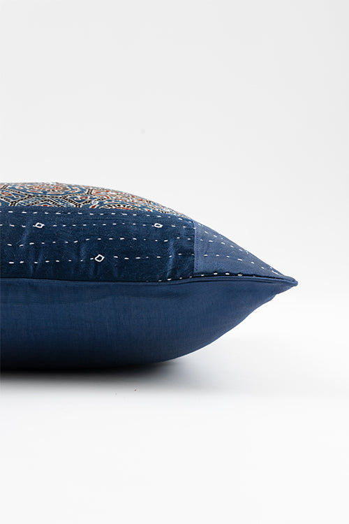 Navy Blue Hand Woven Cotton Cushion Cover With Block Print And Kantha Work