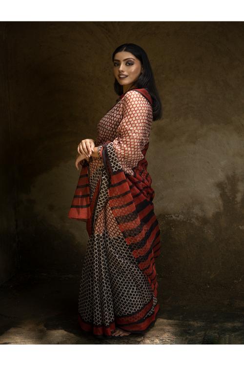 TICH Classic Appeal. Bagru Hand Block Printed Kota Doria Saree - Honeycomb