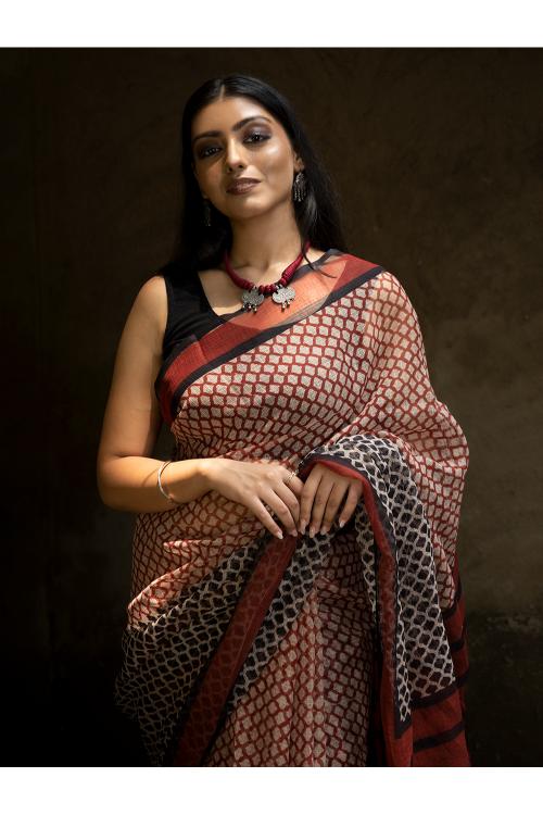 TICH Classic Appeal. Bagru Hand Block Printed Kota Doria Saree - Honeycomb