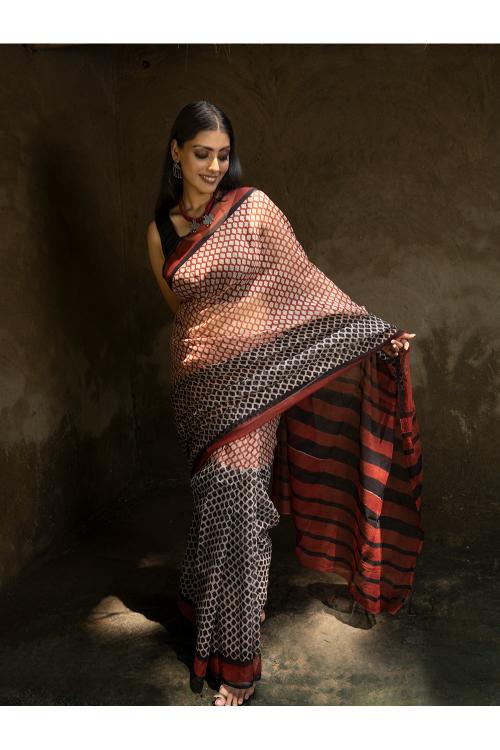 TICH Classic Appeal. Bagru Hand Block Printed Kota Doria Saree - Honeycomb