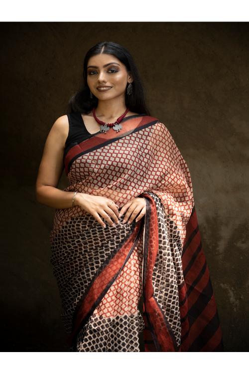 TICH Classic Appeal. Bagru Hand Block Printed Kota Doria Saree - Honeycomb