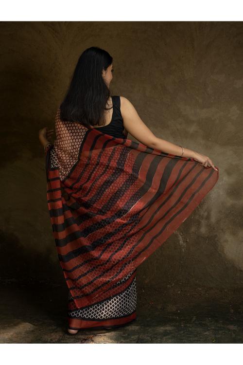 TICH Classic Appeal. Bagru Hand Block Printed Kota Doria Saree - Honeycomb