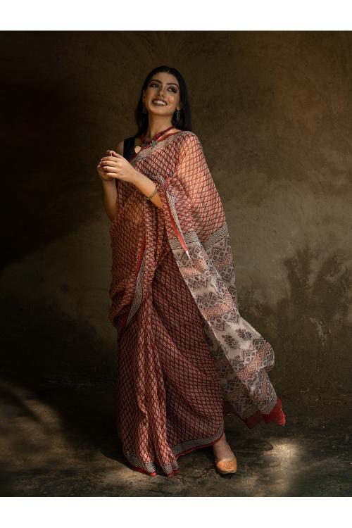 TICH Classic Appeal. Bagru Hand Block Printed Kota Doria Saree - Red Ornate