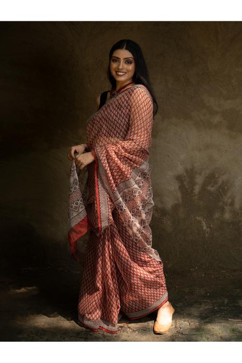 TICH Classic Appeal. Bagru Hand Block Printed Kota Doria Saree - Red Ornate
