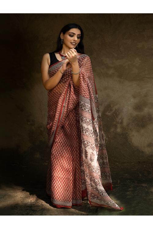 TICH Classic Appeal. Bagru Hand Block Printed Kota Doria Saree - Red Ornate