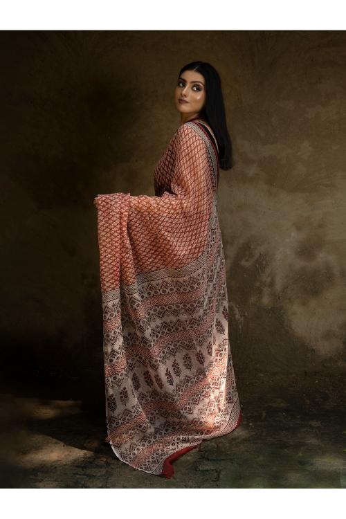 TICH Classic Appeal. Bagru Hand Block Printed Kota Doria Saree - Red Ornate